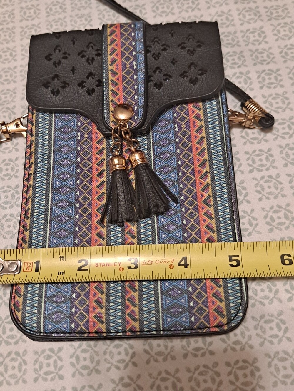 Patterned Crossbody Phone Bag with Tassels - Black & Multi - Picture 2 of 6